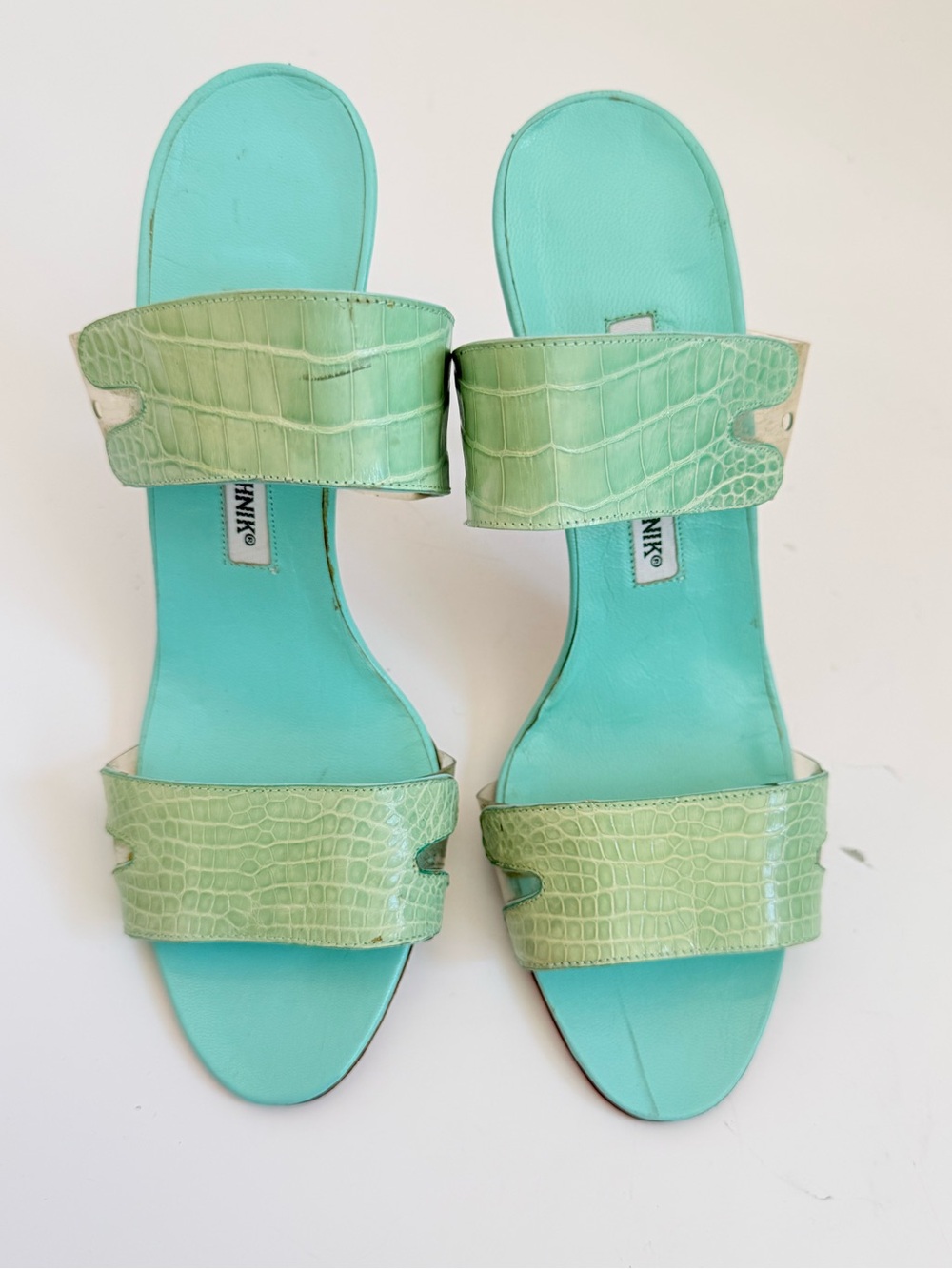 Manolo Blahnik Vintage Y2K Crocodile Clear PVC Stiletto Mules 37.5 Rare - Picture 2 of 12